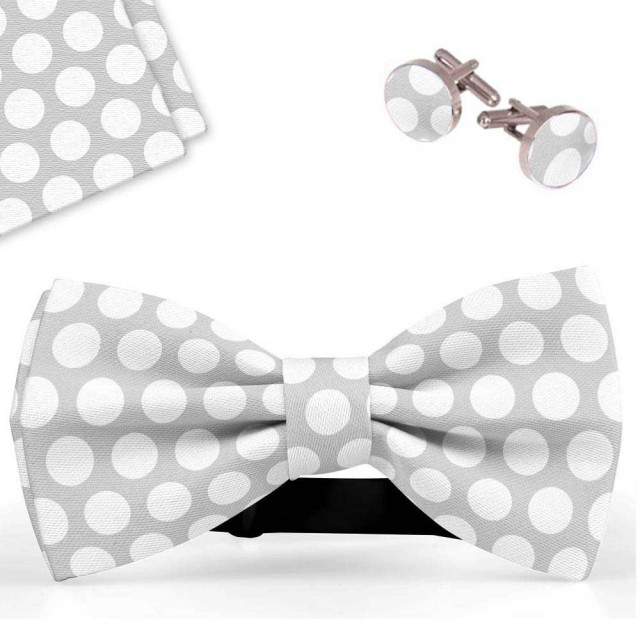 Set papion barbati, batista, butoni, gri, buline albe, mari